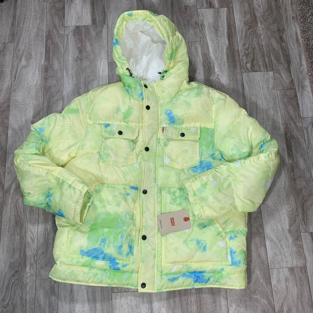 Levi's Heavyweight Hooded Puffer Jacket Mens Extra Large Yellow Blue Tie Dye NWT